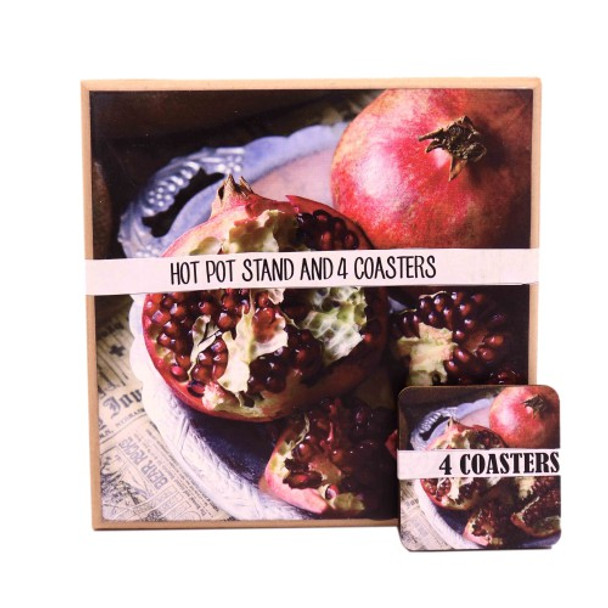 HPCS39 Wooden Hot Pot Stand with Coasters set of 4 - Pomegranates