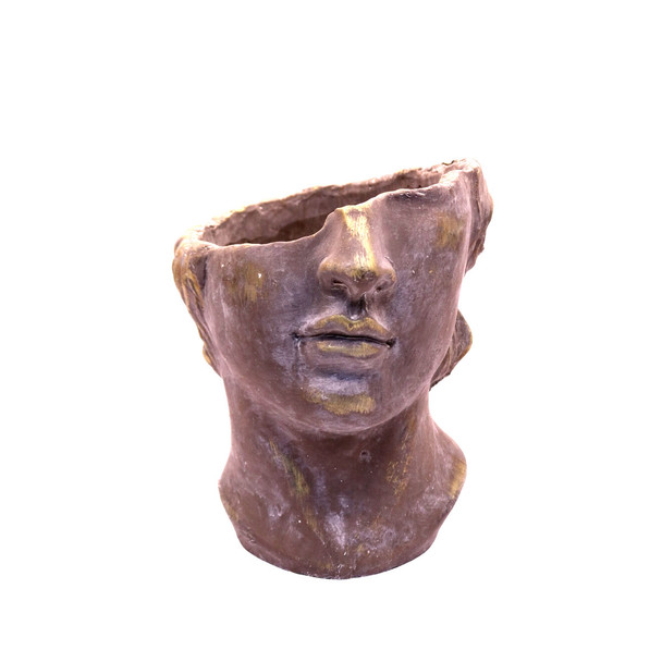 15445LB11 Large Grey And Gold Cement Male Face Planter