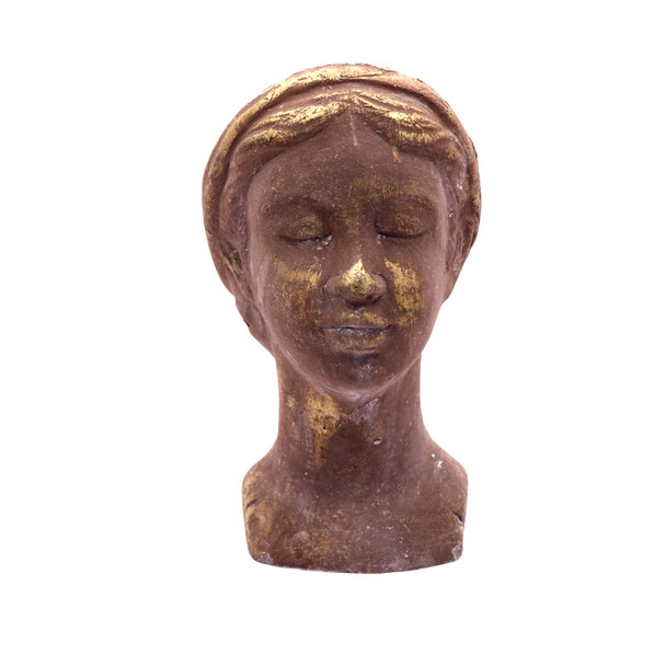 15064SB11 Small Grey Cement And Gold Female Bust Planter