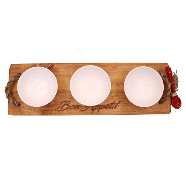 BON52 Bon Appetit Engraved Wooden Tray with 3 Bowls and Red Ceramic Spoons