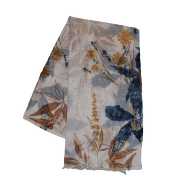 SY4AA Light Beige Viscose Scarf -  Blue And Brown Flowers