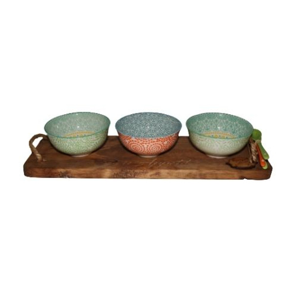 BON59 Bon Appetit Engraved Wooden Tray with 3 Bowls and Ceramic Spoons