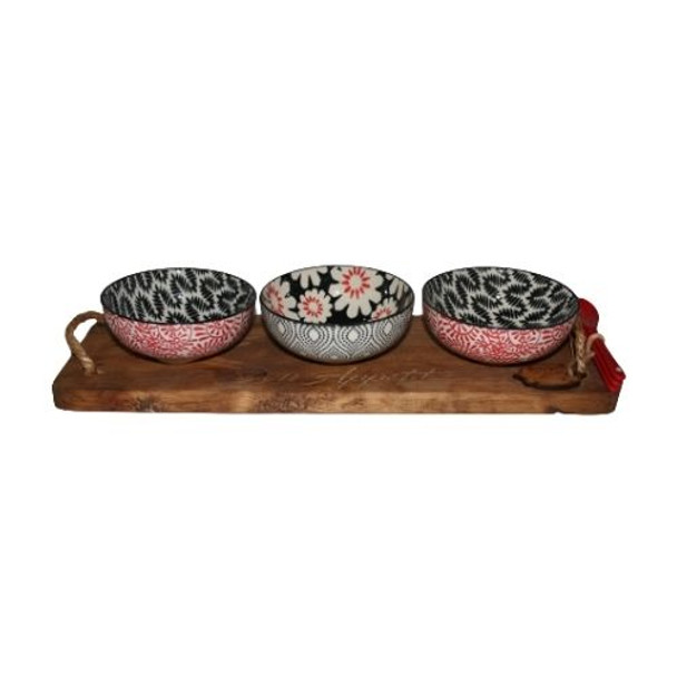 BON61 Bon Appetit Engraved Wooden Tray with 3 Bowls and Ceramic Spoons