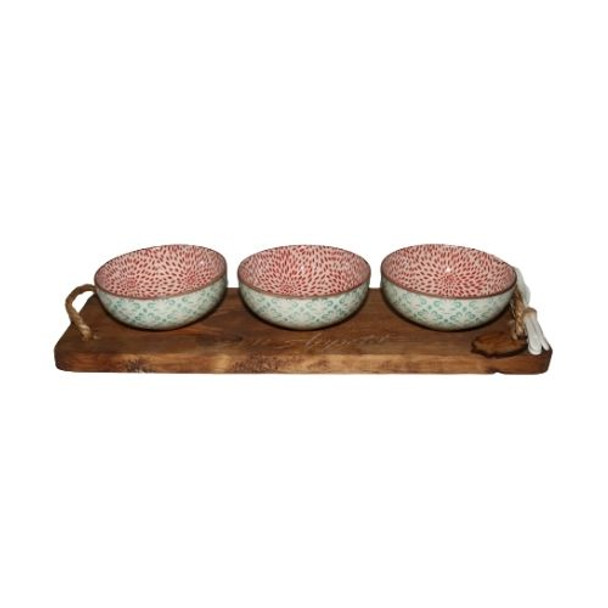 BON62 Bon Appetit Engraved Wooden Tray with 3 Bowls and Ceramic Spoons