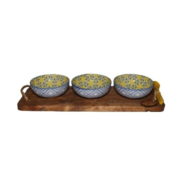 BON64 Bon Appetit Engraved Wooden Tray with 3 Bowls and Ceramic Spoons