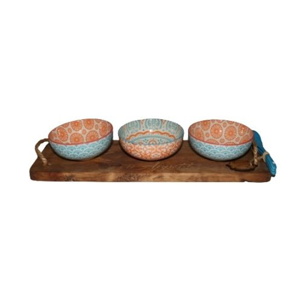 BON65 Bon Appetit Engraved Wooden Tray with 3 Bowls and Ceramic Spoons