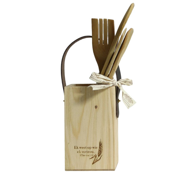 UHBLA Utensil Holder 4 Bamboo Utensils And Leather Detail - 2 Tim 1:12 Afrikaans