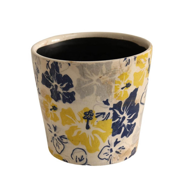YST1463 Ceramic Pot Planter - Yellow, Blue And Grey Flowers