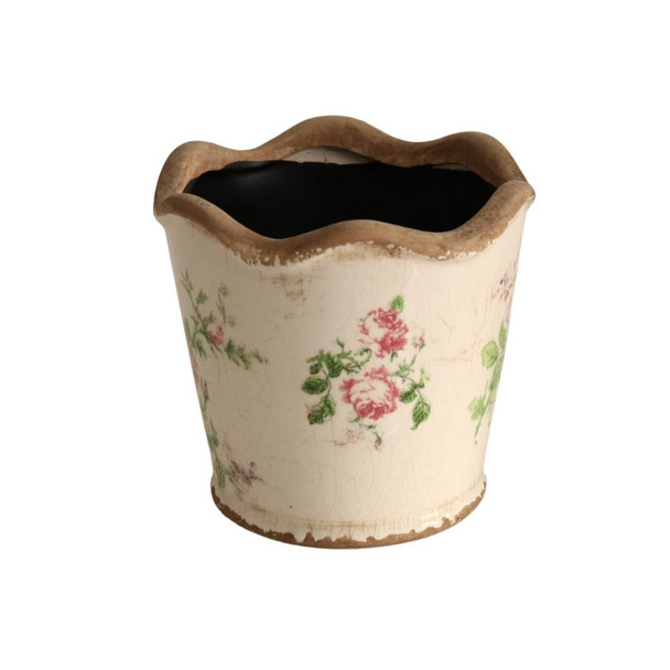 T01RG3 Petite Off White Pot - Pink Roses And Green Leaves