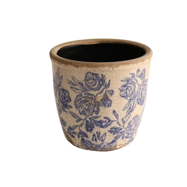 T01M2 Off White Planter Pot - Blue Roses And Leaves