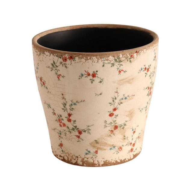 T01GS3 Off White Pot Planter - Red Flowers And Green Vines