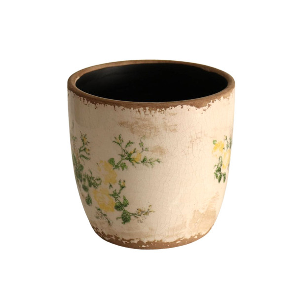 T01LD3 Off White Pot Planter - Yellow Flowers And Green Leaves
