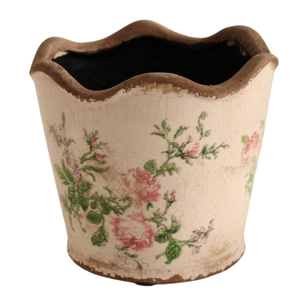 T01RG2 Off White Pot Planter - Pink Roses And Green Leaves