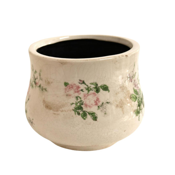 T01RGS2 Off White Planter Pot - Pink Roses And Green Leaves