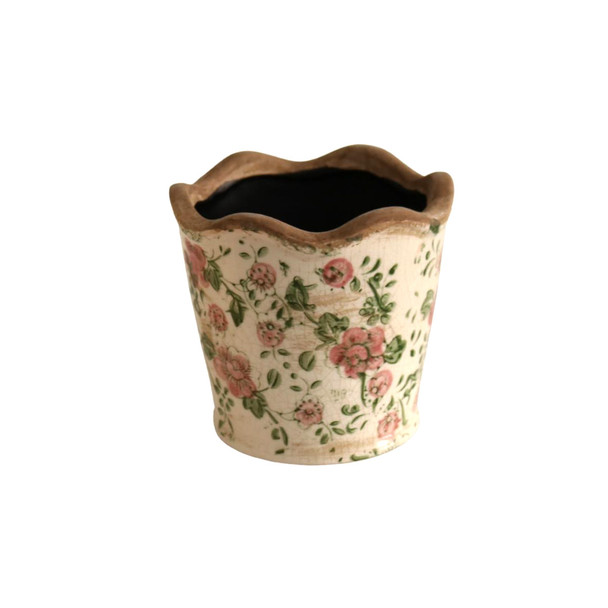 T01P103 Off White Pot Planter - Pink Flowers And Green Leaves