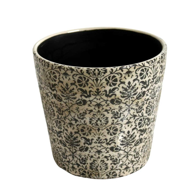 ST1353 Off White Pot Planter - Charcoal Flowers And Vines