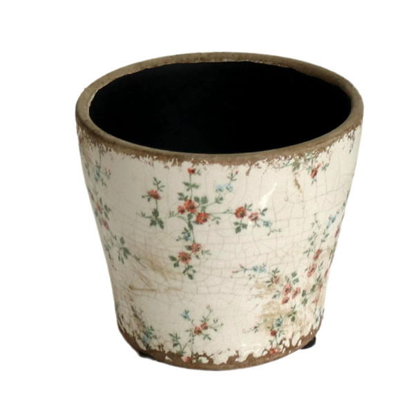 T01GS4 Off White Pot Planter - Red Flowers And Green Vines