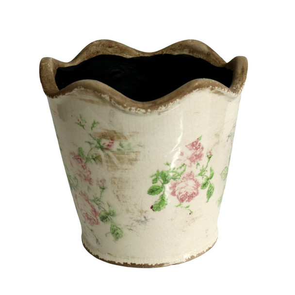 Y634TRG1 Off White Pot Planter - Pink Roses And Leaves