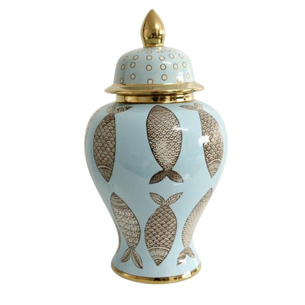 W21160L Large Ceramic Light Blue Ginger Jar - Fish