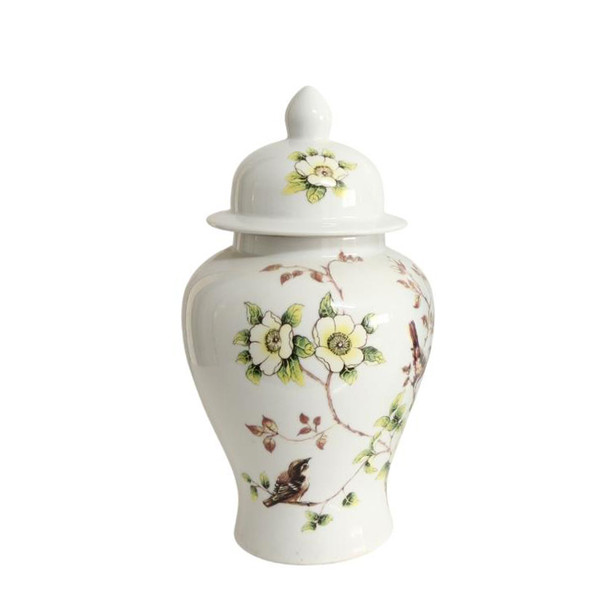 QH80B Ceramic White Ginger Jar - Flowers And Birds