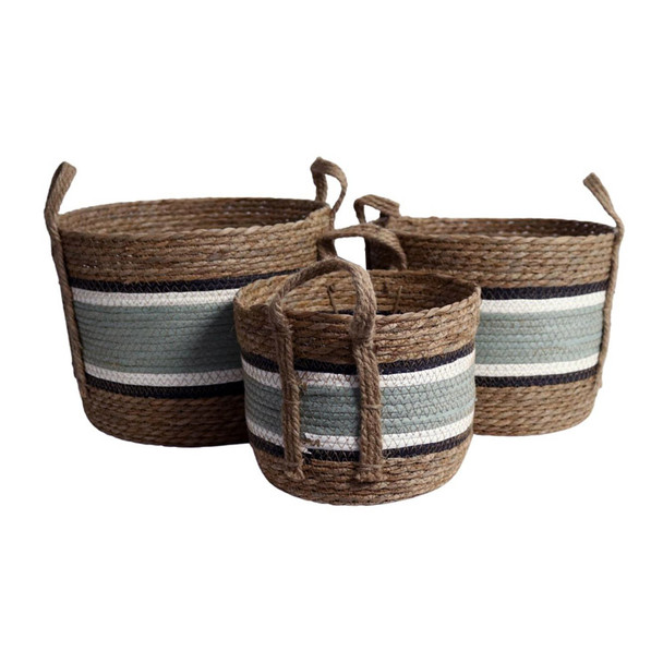 YT222013 Weaved Baskets Set Of 3 - Thick Ocean Green Stripe Black And White Stripes