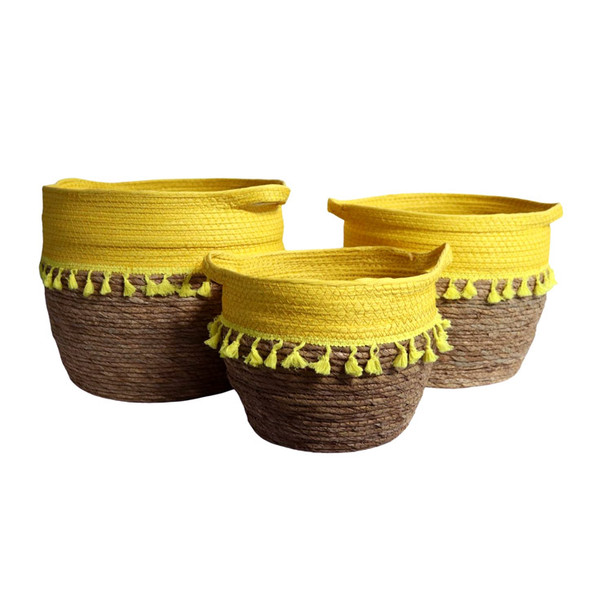 YT202216AA Weaved Baskets Set Of 3 - Bright Yellow Top