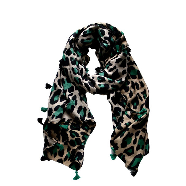 SKF1AAA Viscose Scarf With Tassel - Green Leopard Print