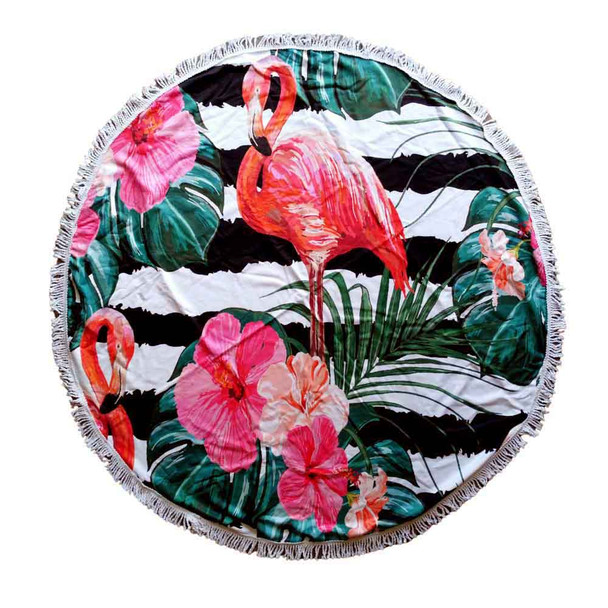 BEACHR11 Round Beach Towel - Flamingoes And Green Palm Leaves