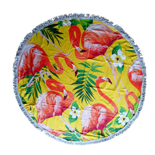 BEACHR15 Round Beach Towel - Flamingoes Yellow Background