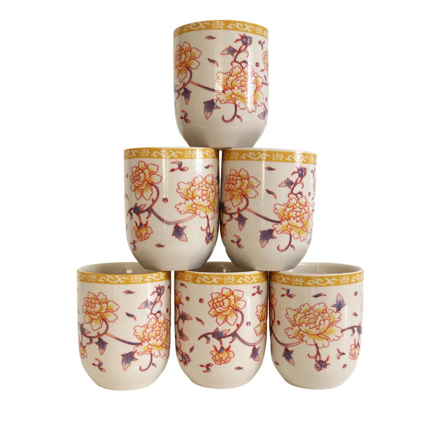 A017B Ceramic Tea Cup Set of 6 - Red And Orange Flowers And Vines