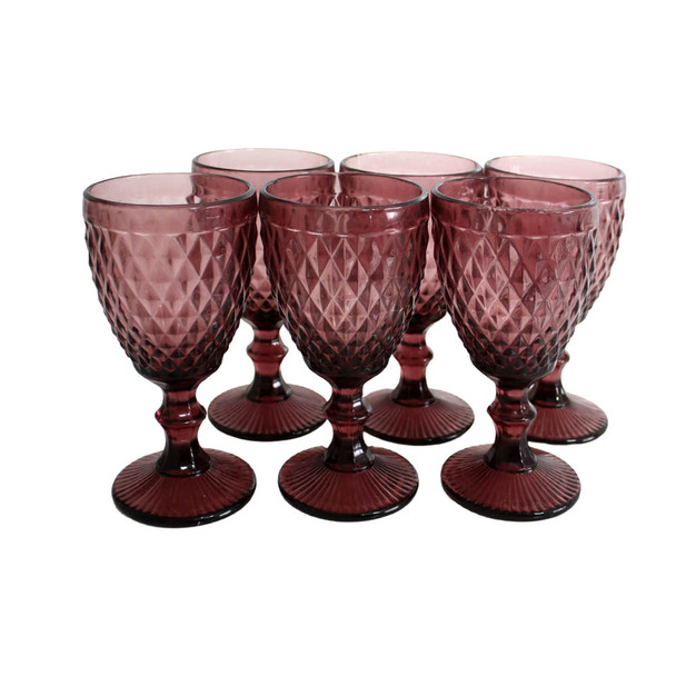 WINE049C Diamond Pattern Wine Glass (Set of 6) - Plum Red