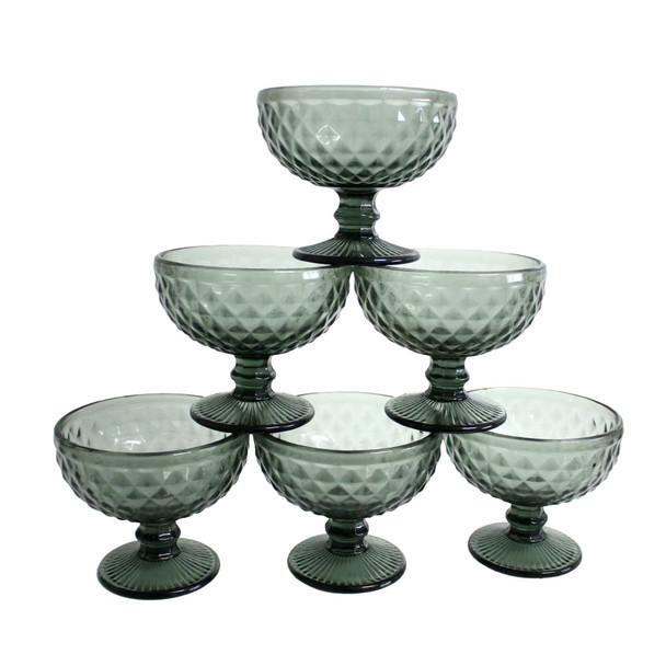 BOWL051A Diamond Pattern Glass Bowl (Set of 6) - Charcoal