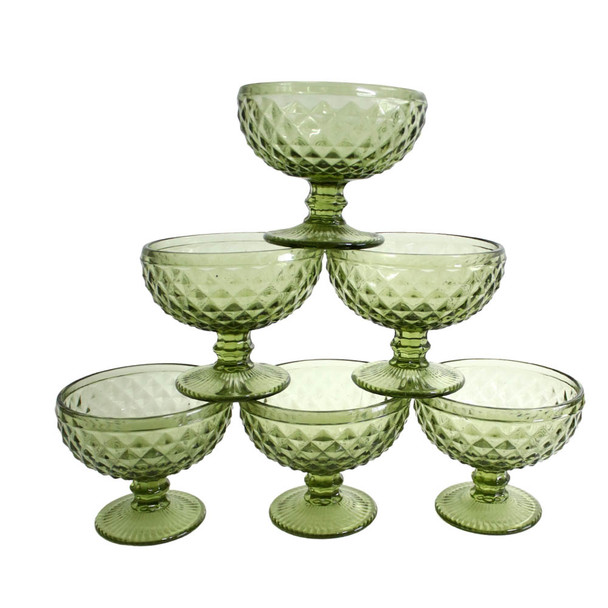 BOWL051B Diamond Pattern Glass Bowl (Set of 6) - Forest Green