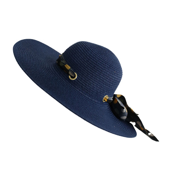 A220271C Weaved Hat - Deep Blue With Polka Dot Ribbon