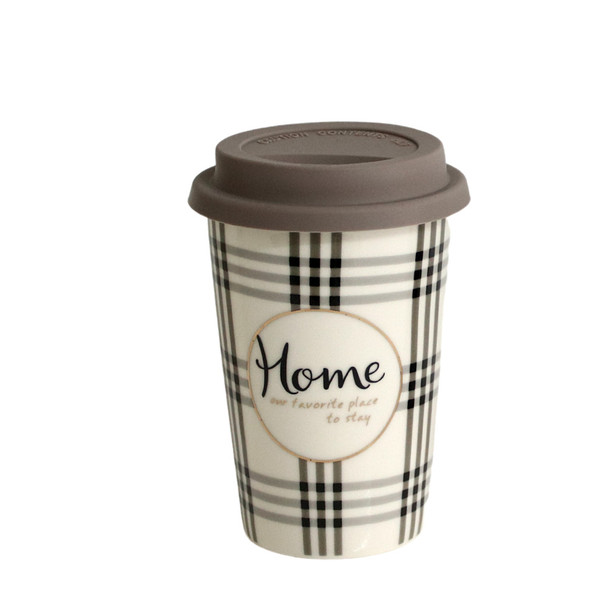 R4949C Ceramic Travel Mug - Home, Thick Black Lines Checkered Pattern
