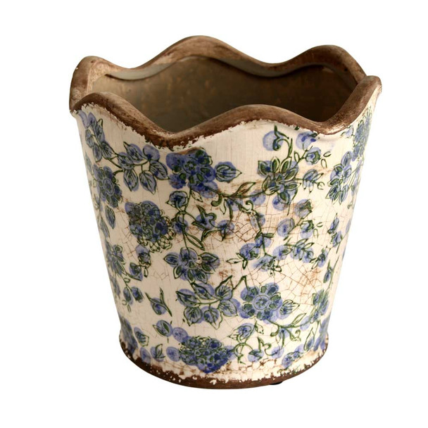 Y6342041 Large Ceramic Planter - Blue Flowers And Green Leaves