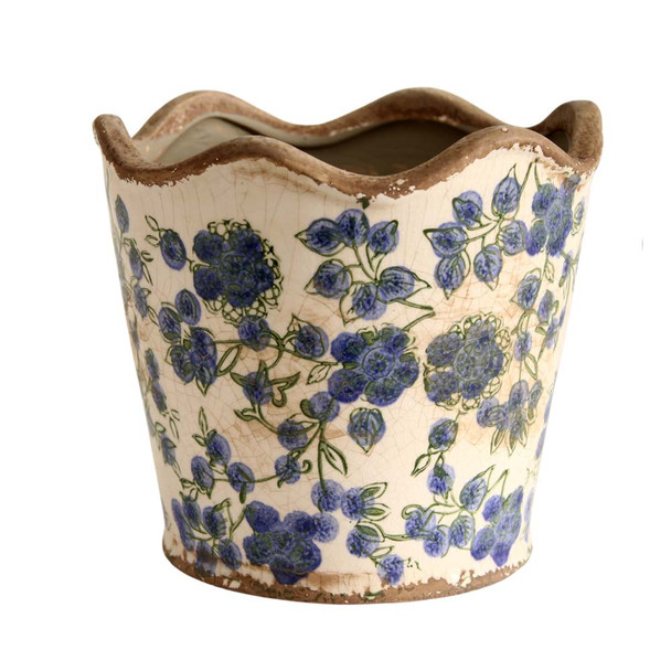 Y6342042 Medium Ceramic Planter - Blue Flowers And Green Leaves