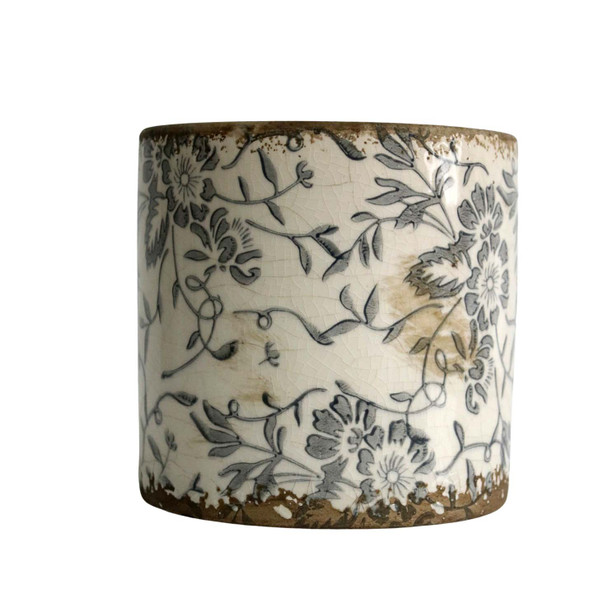 Y463G013 Ceramic Pot - Grey Flowers And Vines - Bali Trading Wholesale