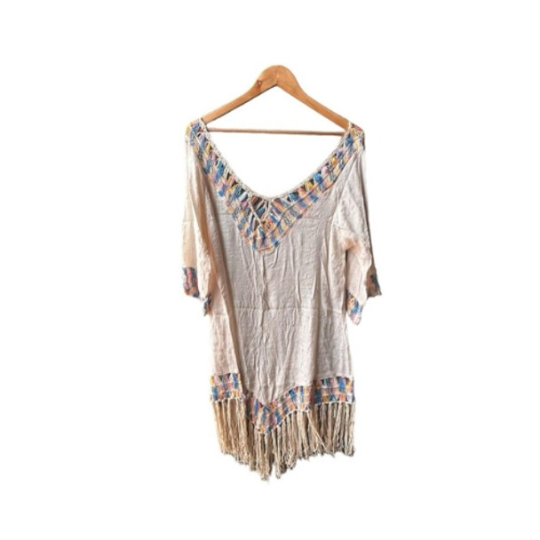 A3250C Kaftan Cover Up - Cream, Rainbow Neckline