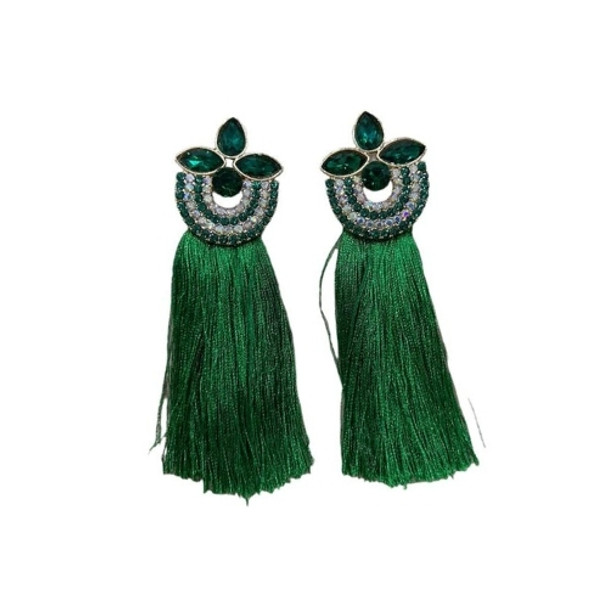 EARR07B Drop Earring - Green Stones And Tassel Tail