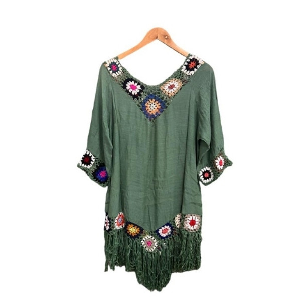 B001F Kaftan Cover Up - Green, Colourful Crochet Squares