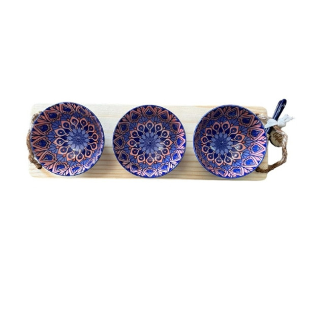 PBON46 Wood Platter 3 Bowls - Blue And Salmon