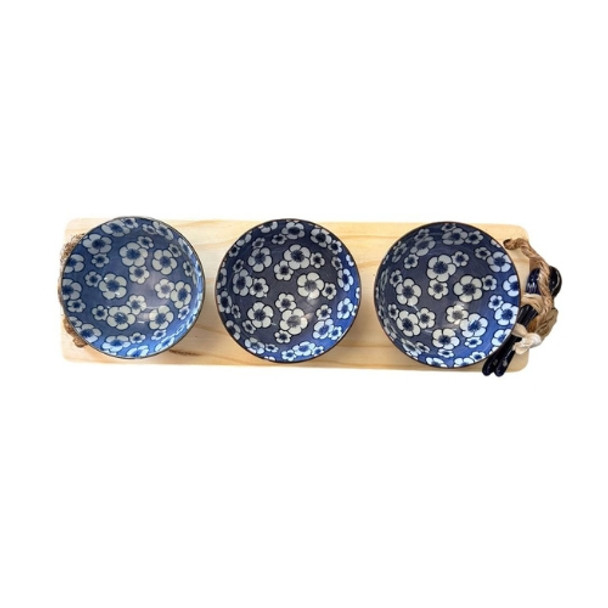 PBON48 Wood Platter 3 Bowls - White Flowers, Blue