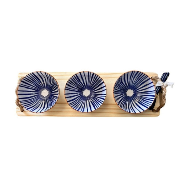PBON54 Wood Platter 3 Bowls - Blue Drips