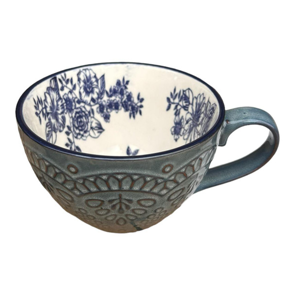 TM24ST0103689D Ceramic 13oz Mug - Greyish Blue, Flowers Pattern