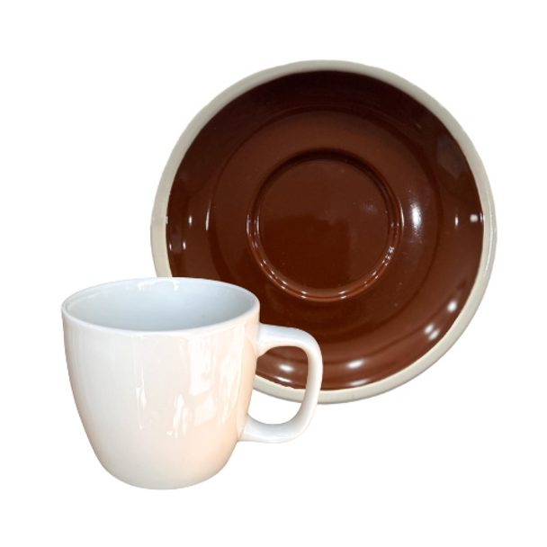 TM24ST0103952E Ceramic Cup And Saucer Set of 6 - Brown Saucer, White Mug