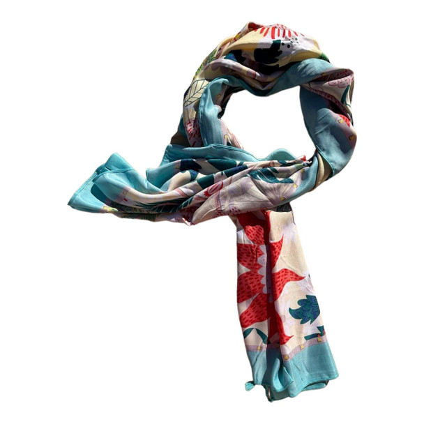 ZZ2417 Polyester Scarf - Large Leafs, Proteas, Blue Border