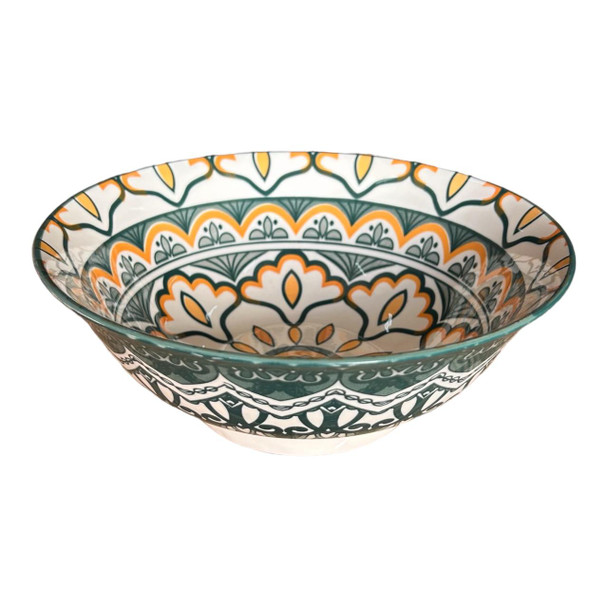 EB825D Medium Eastern Ceramic Bowl - Green And Orange Flowers