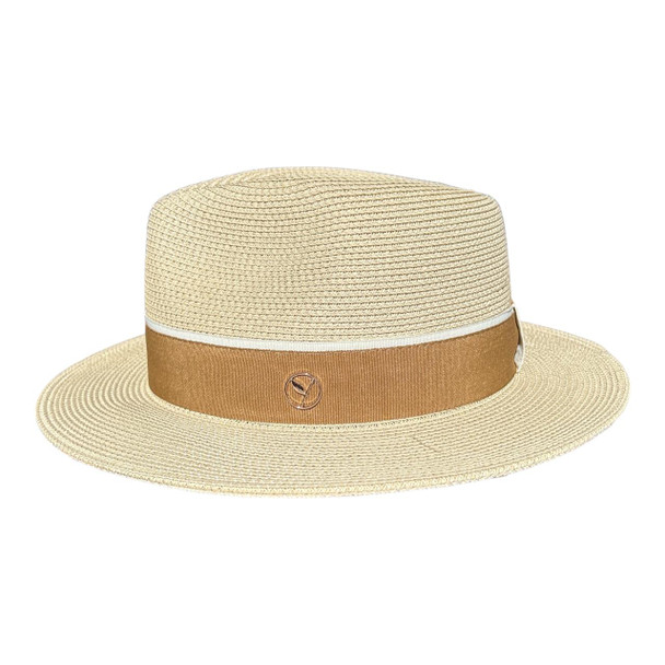 0132H3D Fedora Hat - Beige, Brown And White Band, Small Leaf Pendant