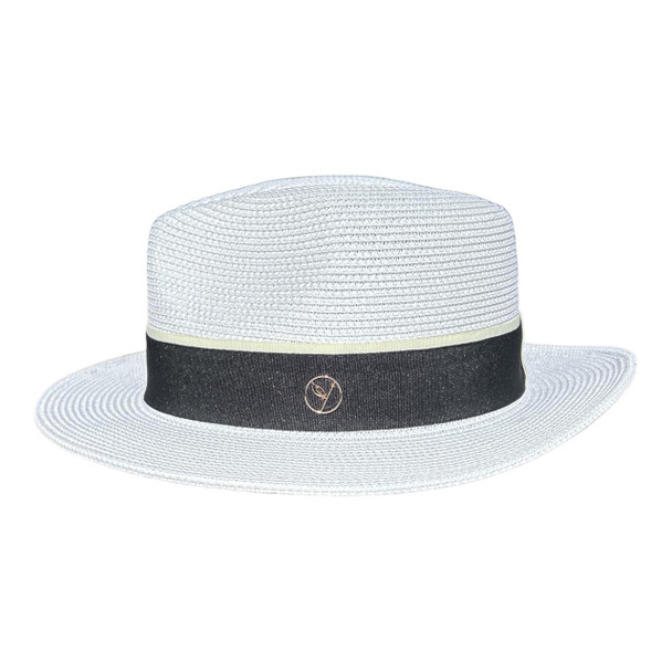 0132H3E Fedora Hat - White, Black And Beige Band, Small Leaf Pendant